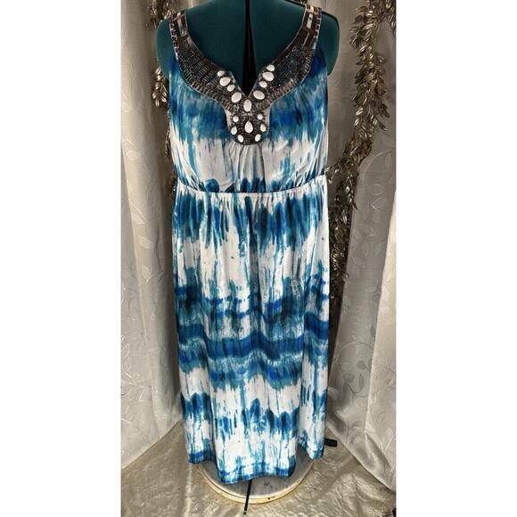 Lane Bryant Blue White Beaded Maxi Dress | Plus Size 22 | Boho Beach Resort Vibe - Picture 10 of 15